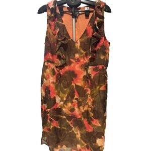 Ann Taylor Loft Floral Ruffle V-Neck Sleeveless Mini Dress Orange Brown Pink